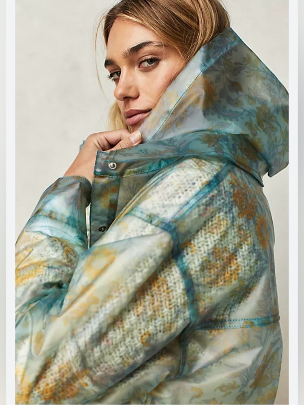 Free People Festival Teal and Yellow Floral Oversized Raincoat EUC Size XS - Picture 4 of 9